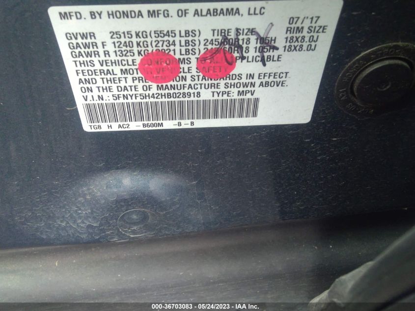 2017 HONDA PILOT EX - 5FNYF5H42HB028918