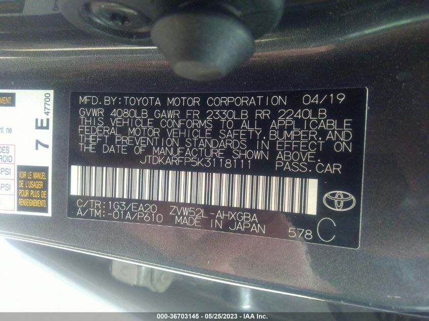 2019 TOYOTA PRIUS PRIME PLUS/PREMIUM/ADVANCED - JTDKARFP5K3118111