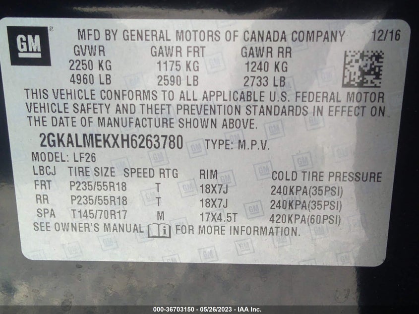 VIN 2GKALMEKXH6263780 2017 GMC TERRAIN SLE