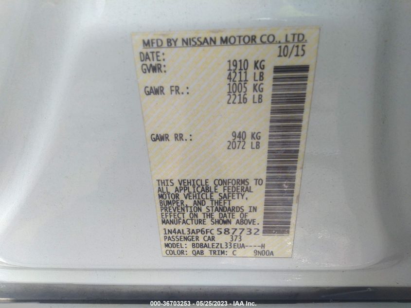 2015 NISSAN ALTIMA 2.5 S - 1N4AL3AP6FC587732