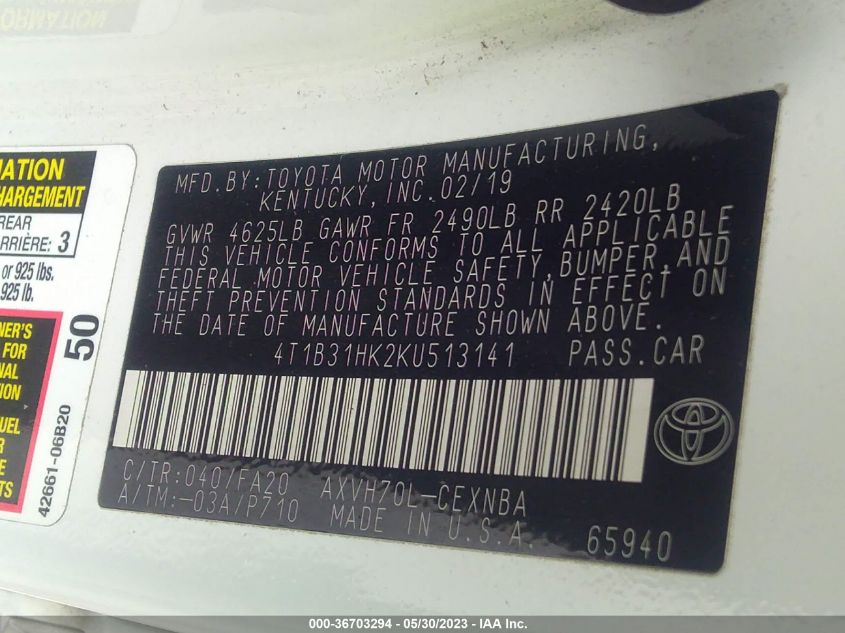 2019 TOYOTA CAMRY HYBRID - 4T1B31HK2KU513141