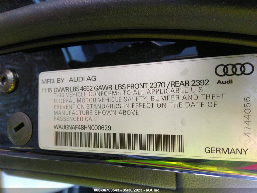 VIN WAUGNAF48HN000629 2017 AUDI A4 PREMIUM