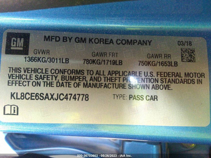 2018 CHEVROLET SPARK LT - KL8CE6SAXJC474778
