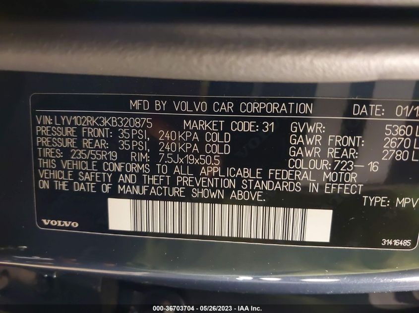 LYV102RK3KB320875 2019 VOLVO XC60, photo no. 9