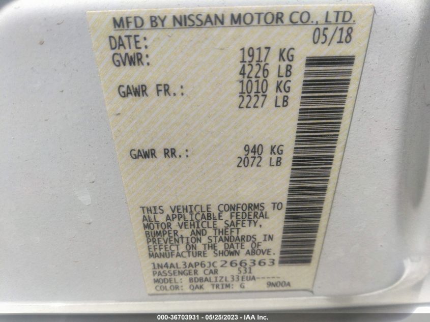2018 NISSAN ALTIMA 2.5 SV - 1N4AL3AP6JC266363