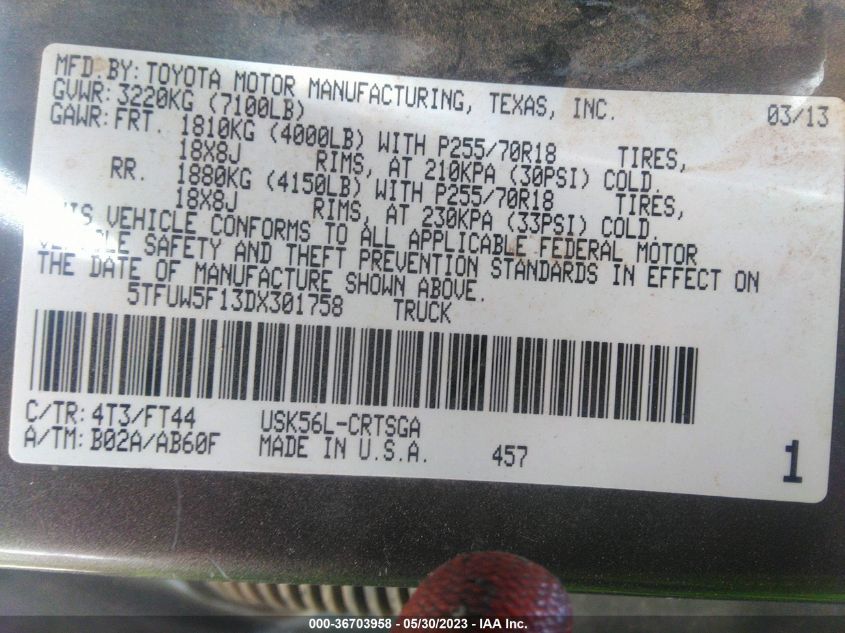 2013 TOYOTA TUNDRA 4WD TRUCK - 5TFUW5F13DX301758