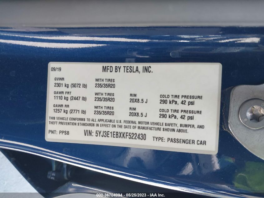 5YJ3E1EBXKF522430 Tesla Model 3 LONG RANGE/PERFORMANCE 8