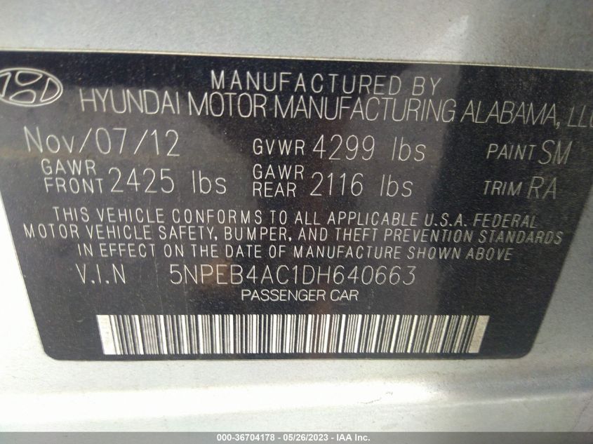 2013 HYUNDAI SONATA GLS - 5NPEB4AC1DH640663