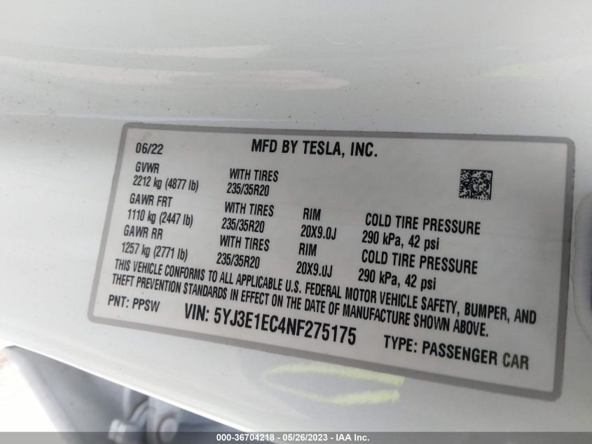 2022 TESLA MODEL 3 PERFORMANCE - 5YJ3E1EC4NF275175