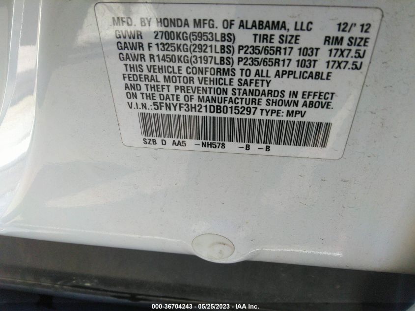 2013 HONDA PILOT LX - 5FNYF3H21DB015297