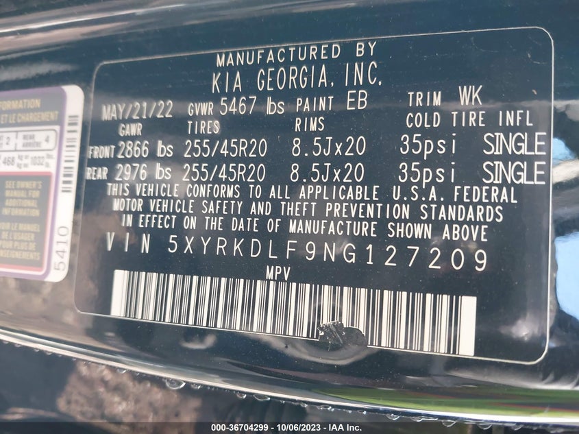 VIN 5XYRKDLF9NG127209 2022 KIA SORENTO SX