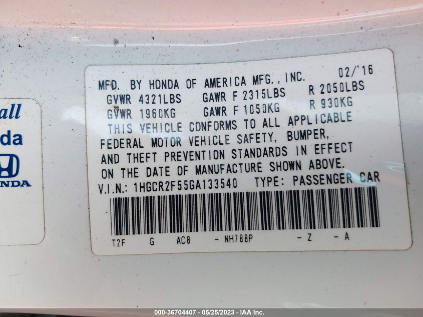 2016 HONDA ACCORD SEDAN SPORT - 1HGCR2F55GA133540