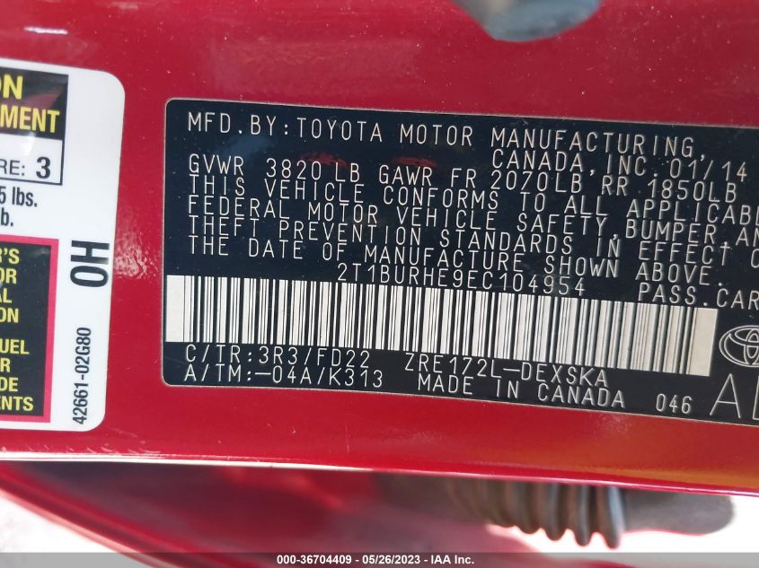 2014 TOYOTA COROLLA L/LE/S/S PLUS/LE PLUS - 2T1BURHE9EC104954