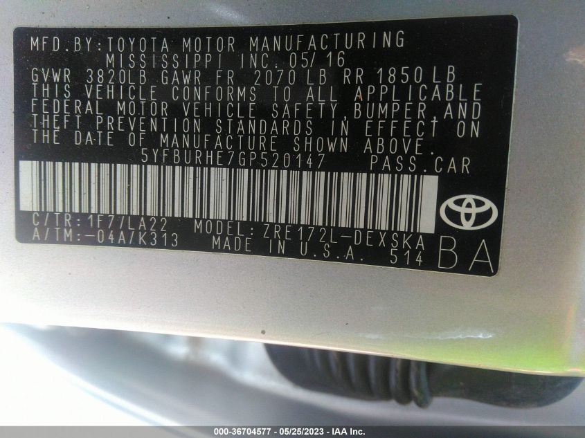 2016 TOYOTA COROLLA L/LE/S/S PLUS/LE PLUS - 5YFBURHE7GP520147