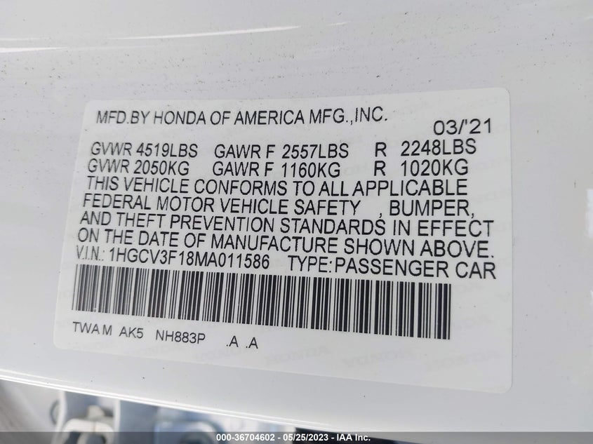 VIN 1HGCV3F18MA011586 2021 HONDA ACCORD HYBRID