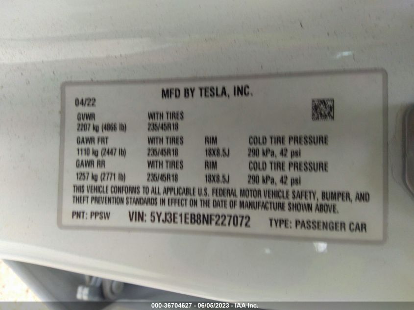 2022 TESLA MODEL 3 LONG RANGE - 5YJ3E1EB8NF227072