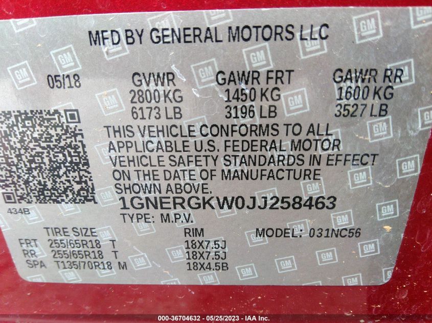 2018 CHEVROLET TRAVERSE LT CLOTH - 1GNERGKW0JJ258463