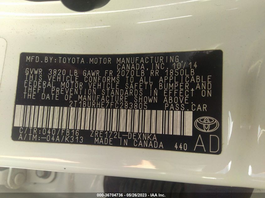 2015 TOYOTA COROLLA L/LE/S/S PLUS/LE PLUS - 2T1BURHE7FC283805