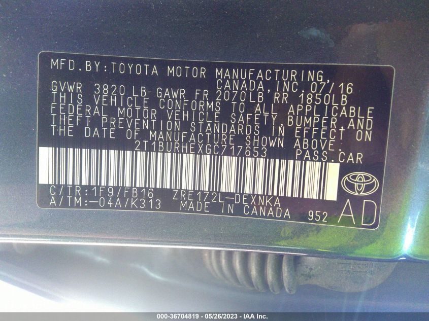 2016 TOYOTA COROLLA L/LE/S/S PLUS/LE PLUS - 2T1BURHEXGC717653