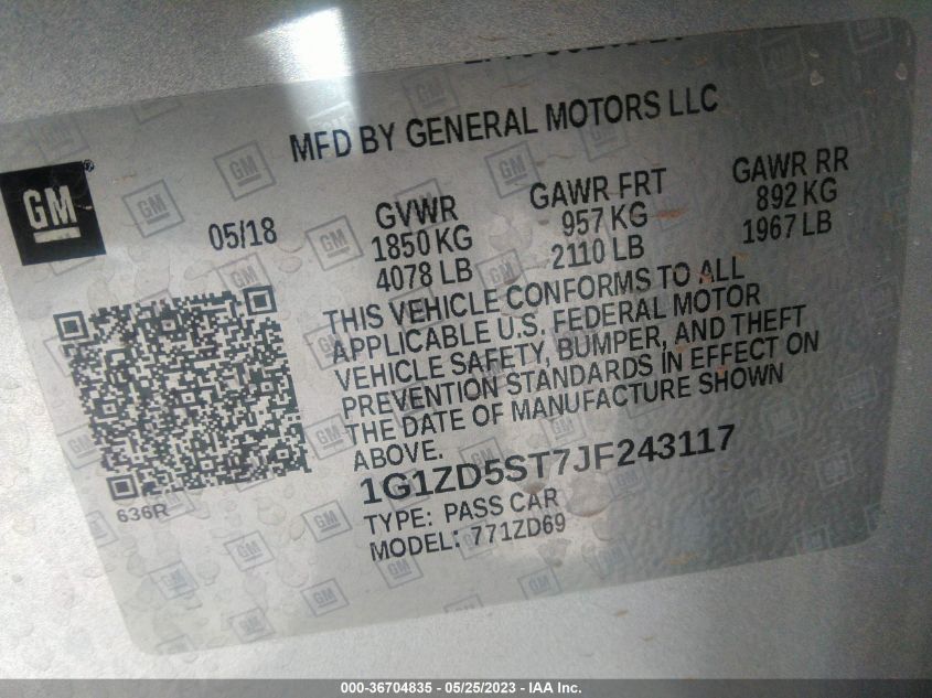 2018 CHEVROLET MALIBU LT - 1G1ZD5ST7JF243117