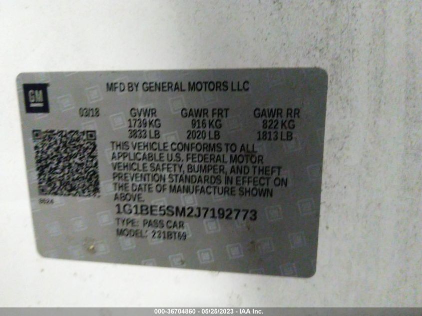 2018 CHEVROLET CRUZE LT - 1G1BE5SM2J7192773