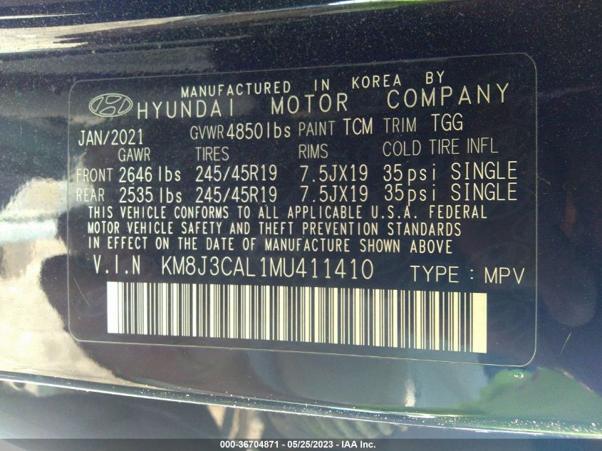2021 HYUNDAI TUCSON SPORT - KM8J3CAL1MU411410