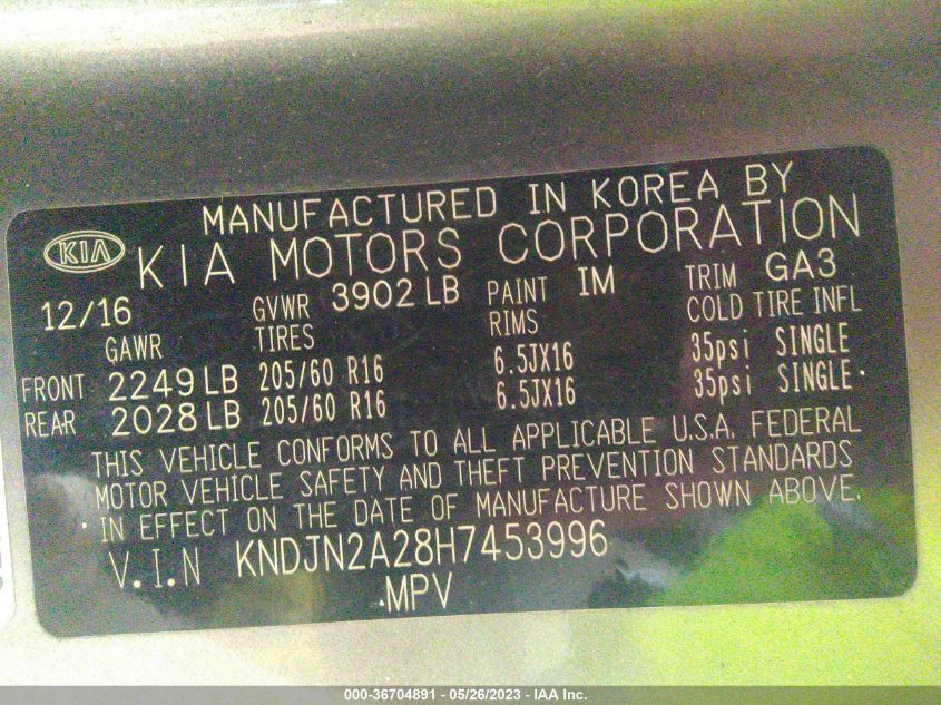 2017 KIA SOUL BASE - KNDJN2A28H7453996