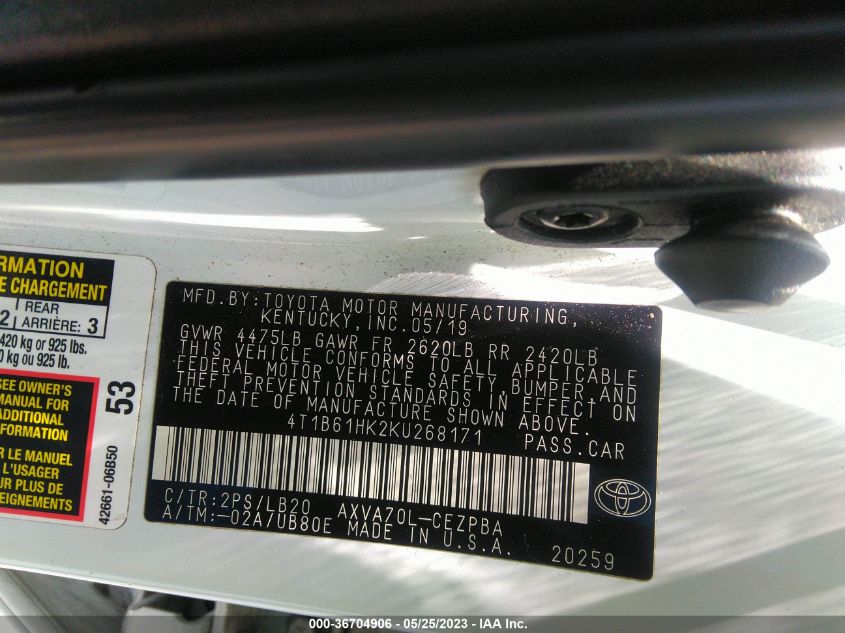 2019 TOYOTA CAMRY XSE - 4T1B61HK2KU268171