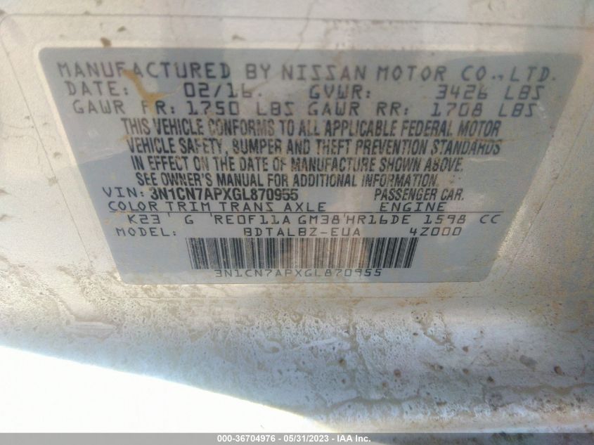 2016 NISSAN VERSA S/S PLUS/SL/SV - 3N1CN7APXGL870955