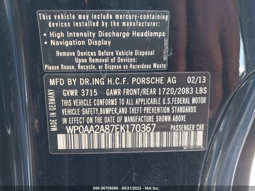 2014 PORSCHE CAYMAN WP0AA2A87EK170367