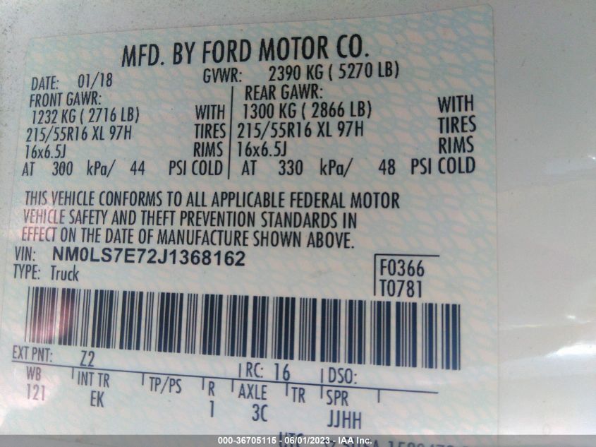2018 FORD TRANSIT CONNECT VAN XL - NM0LS7E72J1368162