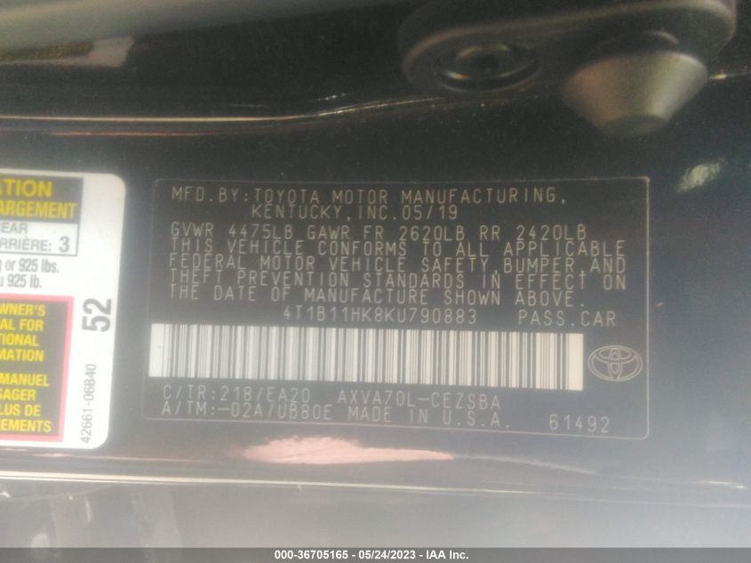 2019 TOYOTA CAMRY LE/SE/XLE/L - 4T1B11HK8KU790883