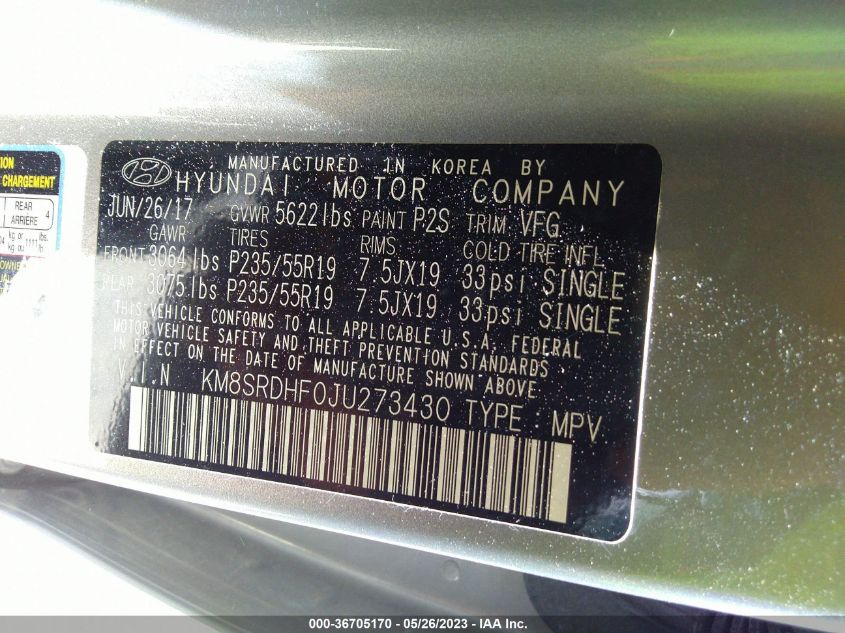 2018 HYUNDAI SANTA FE LIMITED ULTIMATE - KM8SRDHF0JU273430