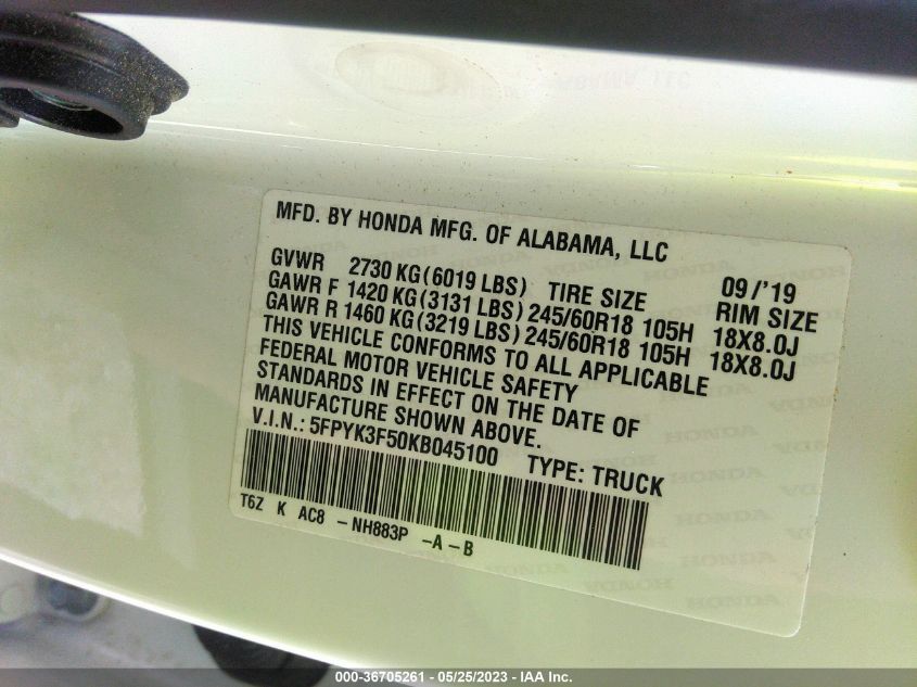 2019 HONDA RIDGELINE RTL - 5FPYK3F50KB045100