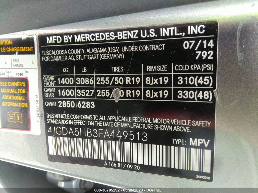 2015 MERCEDES-BENZ M-CLASS ML 350 - 4JGDA5HB3FA449513