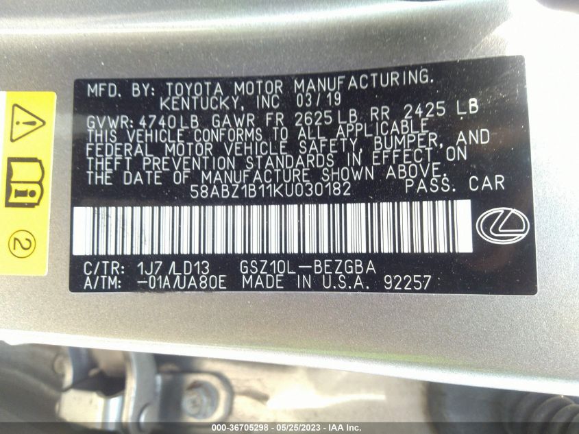 2019 LEXUS ES ES 350 - 58ABZ1B11KU030182