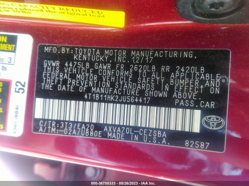 2018 TOYOTA CAMRY LE/SE/XLE/L - 4T1B11HK2JU564417