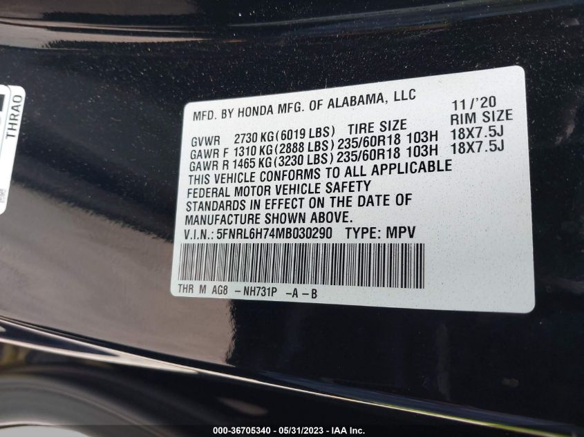 2021 HONDA ODYSSEY EX-L - 5FNRL6H74MB030290