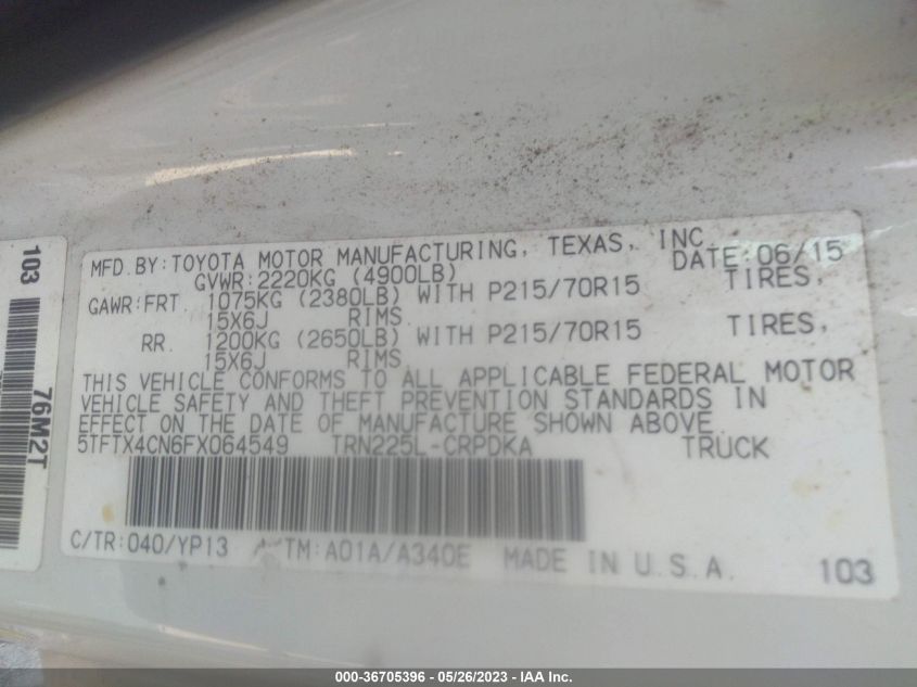2015 TOYOTA TACOMA - 5TFTX4CN6FX064549