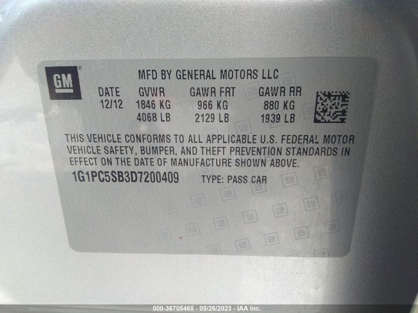 2013 CHEVROLET CRUZE 1LT - 1G1PC5SB3D7200409