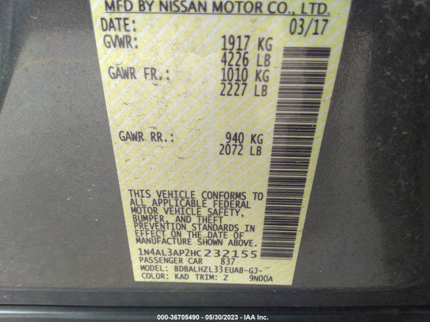 2017 NISSAN ALTIMA 2.5 SR - 1N4AL3AP2HC232155