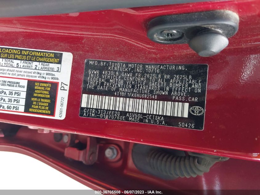 2017 TOYOTA CAMRY XLE/SE/LE/XSE - 4T1BF1FK6HU682548