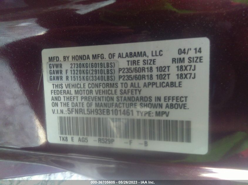 2014 HONDA ODYSSEY TOURING - 5FNRL5H93EB101461
