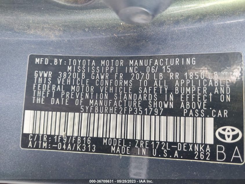 2015 TOYOTA COROLLA L/LE/S/S PLUS/LE PLUS - 5YFBURHE2FP351797
