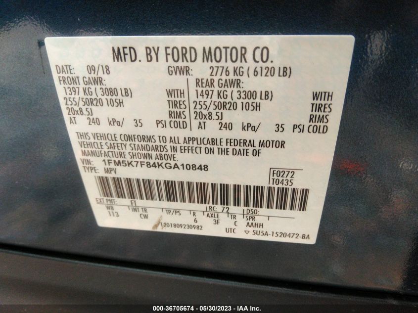 2019 FORD EXPLORER LIMITED - 1FM5K7F84KGA10848