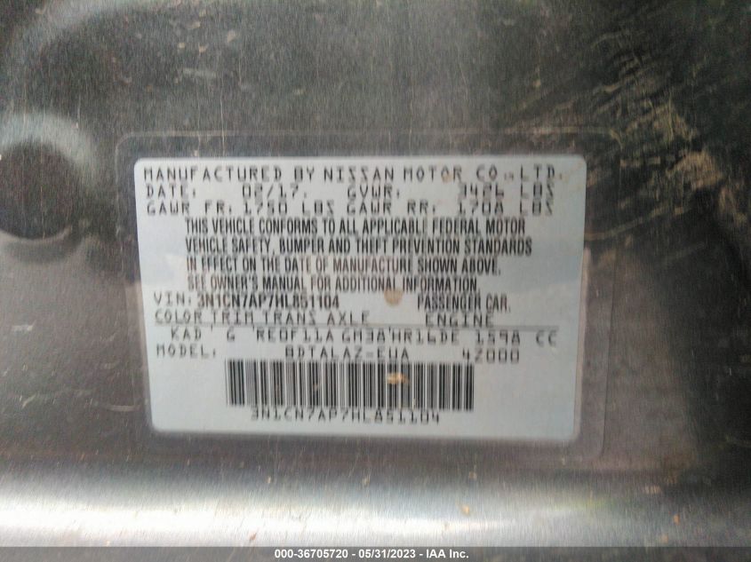 2017 NISSAN VERSA SEDAN S PLUS - 3N1CN7AP7HL851104