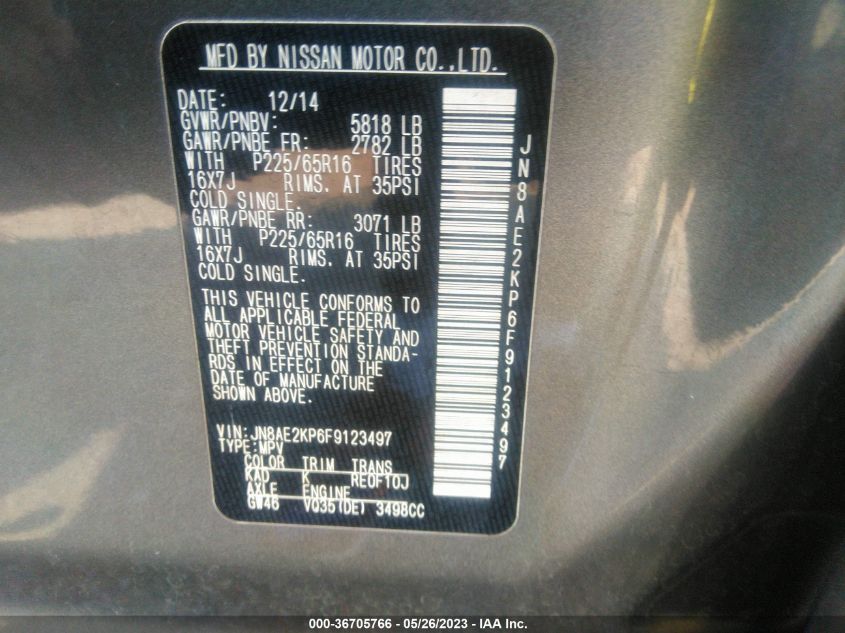 2015 NISSAN QUEST SV - JN8AE2KP6F9123497
