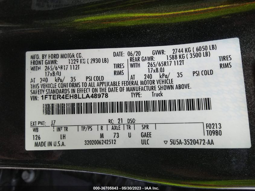 2020 FORD RANGER XL/XLT/LARIAT 1FTER4EH8LLA48978