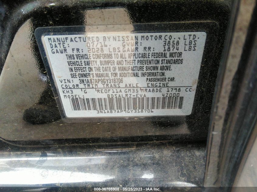 2016 NISSAN SENTRA SR - 3N1AB7AP9GY318706