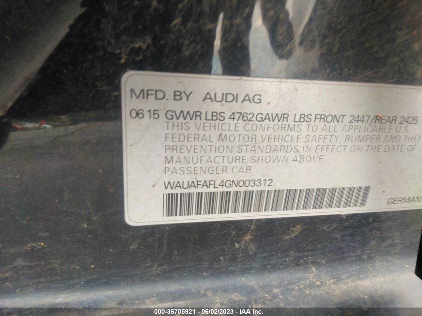 2016 AUDI A4 PREMIUM - WAUAFAFL4GN003312